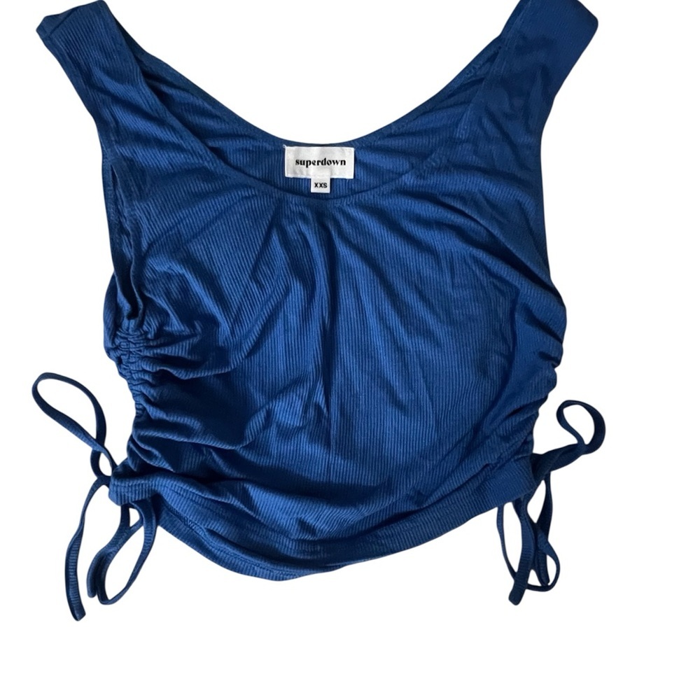 Superdown Blue Ribbed Side-Tie Crop Top – Size XXS